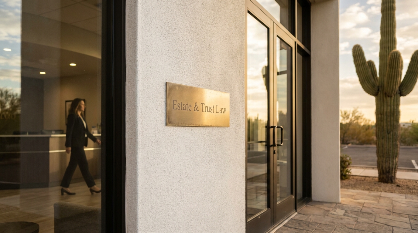 Estate and Trust Law brass plaque mounted on exterior wall of law office