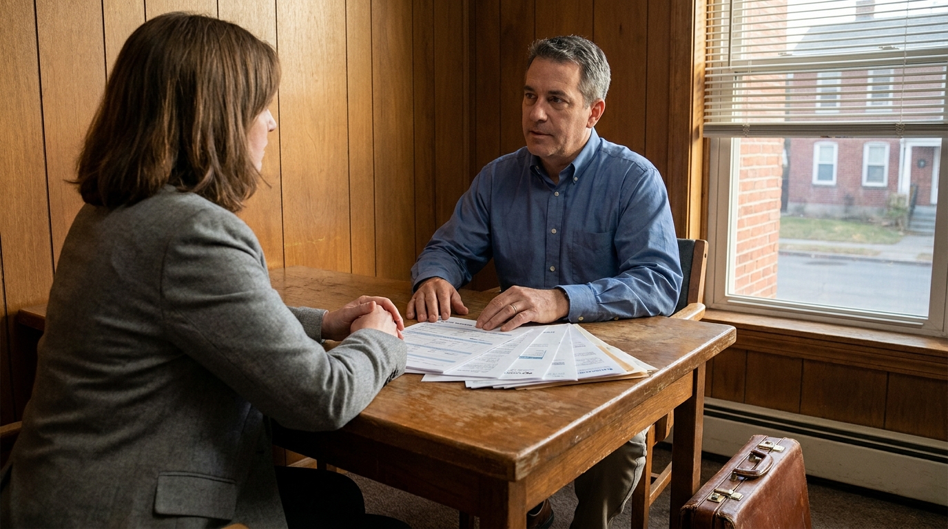 two professionals seated at wooden table reviewing legal documents during meeting