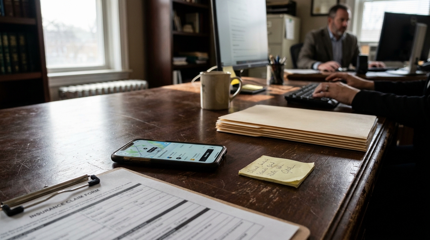 Albany Rideshare Accident Lawyer Reviewing Insurance Claim insurance claim form and smartphone on law office desk with attorney working