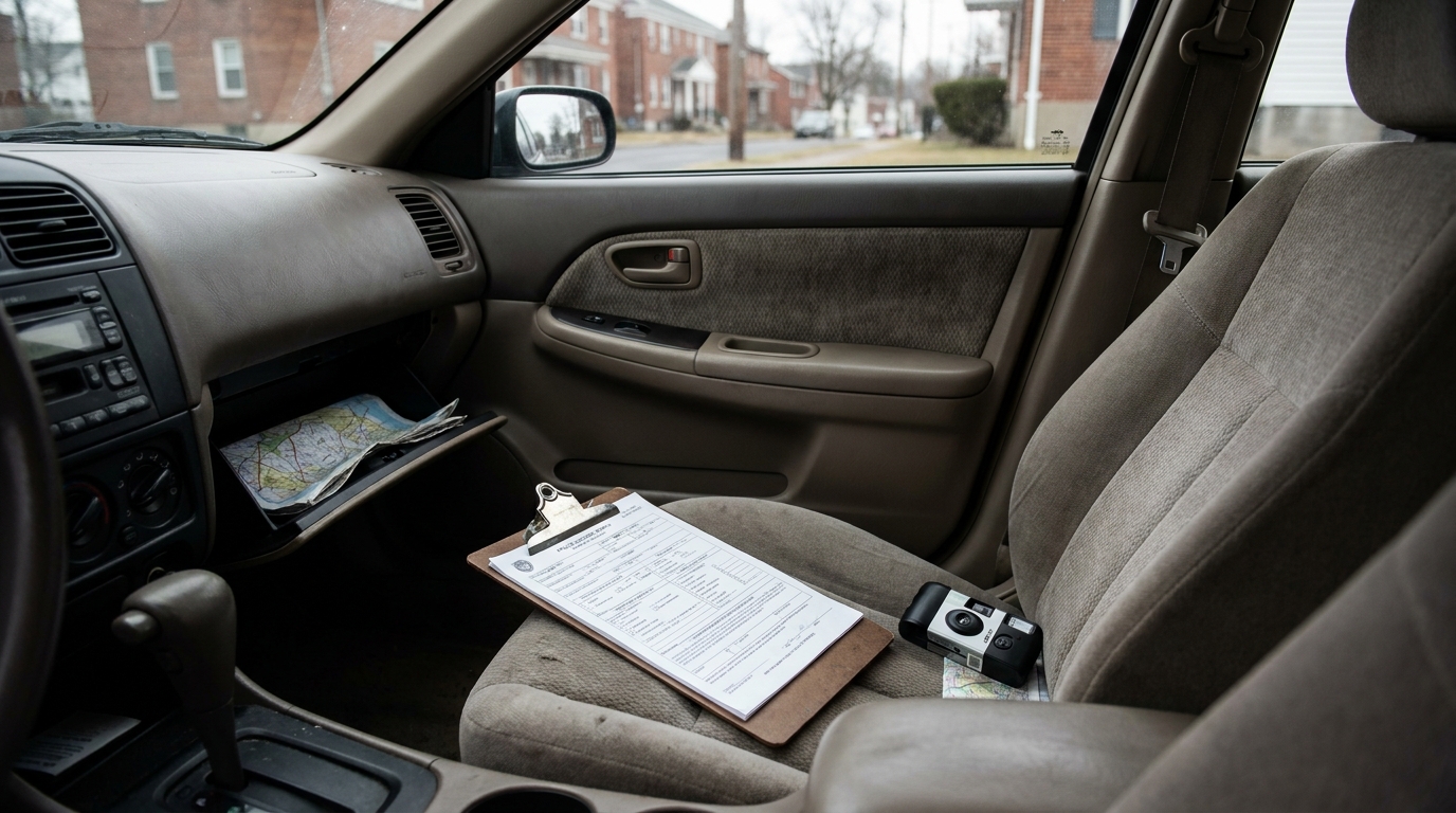 clipboard with legal form document and camera resting on vehicle passenger seat