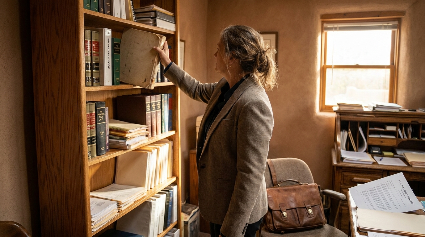 Santa Fe Probate Attorney Reviewing Out-of-State Will attorney retrieving NM Probate Code book from law office bookshelf