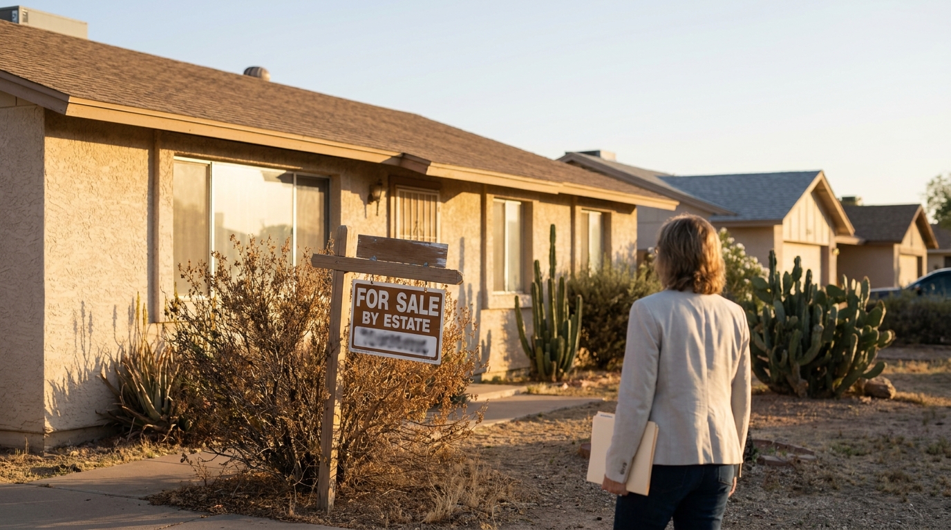 Mesa Arizona Home For Sale By Estate After Spouse Dies professional holding documents viewing residential property with For Sale By Estate sign
