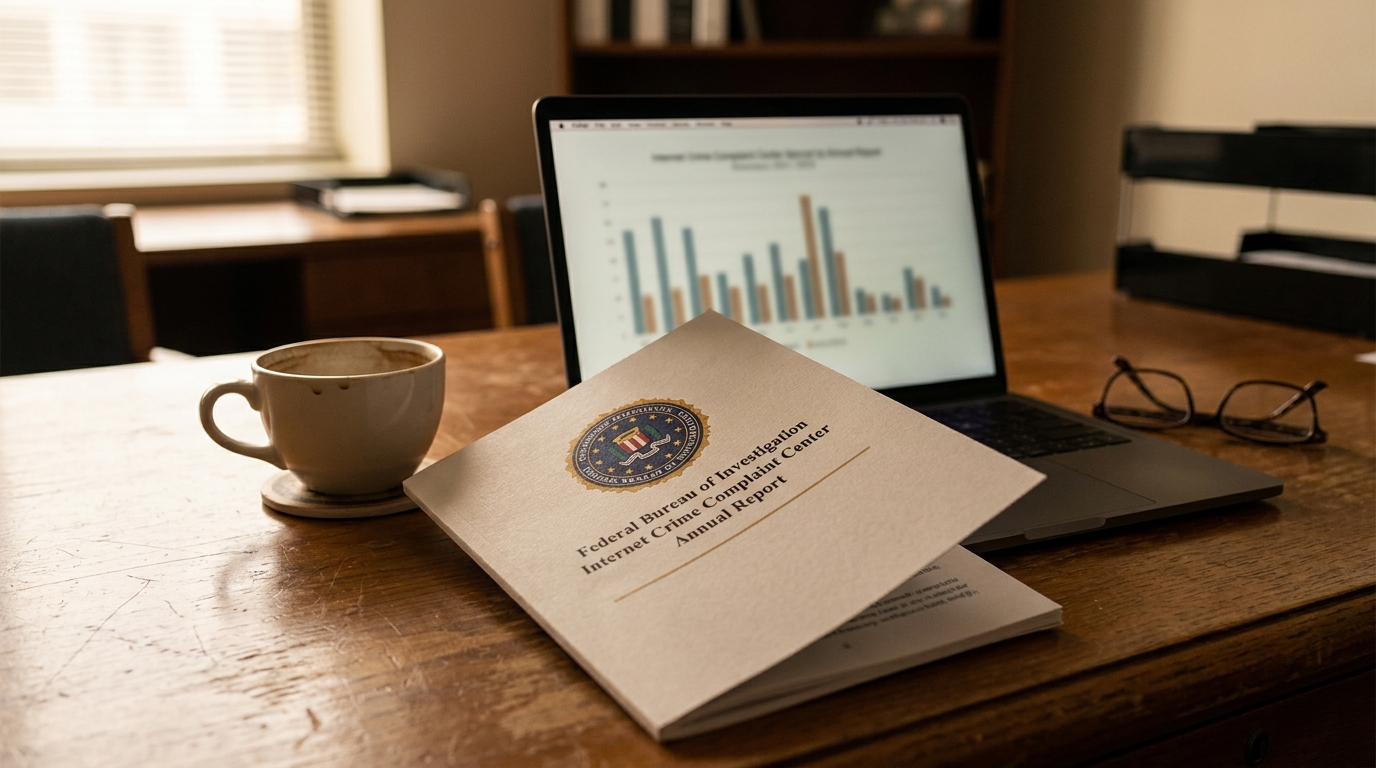 FBI Internet Crime Complaint Center Annual Report on desk beside open laptop