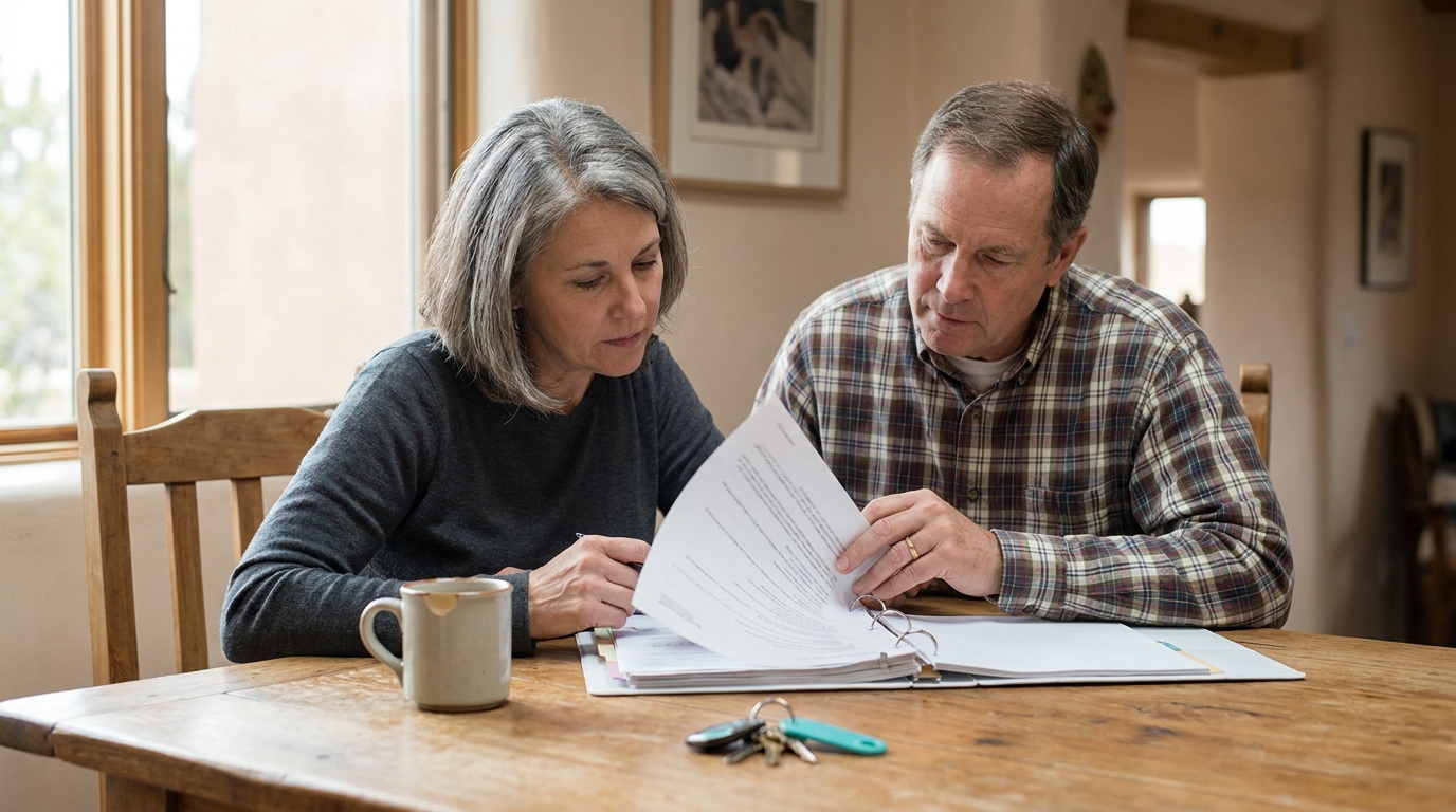 Santa Fe Couple Reviewing Community Property Estate Documents older couple reviewing documents in binder together at wooden table