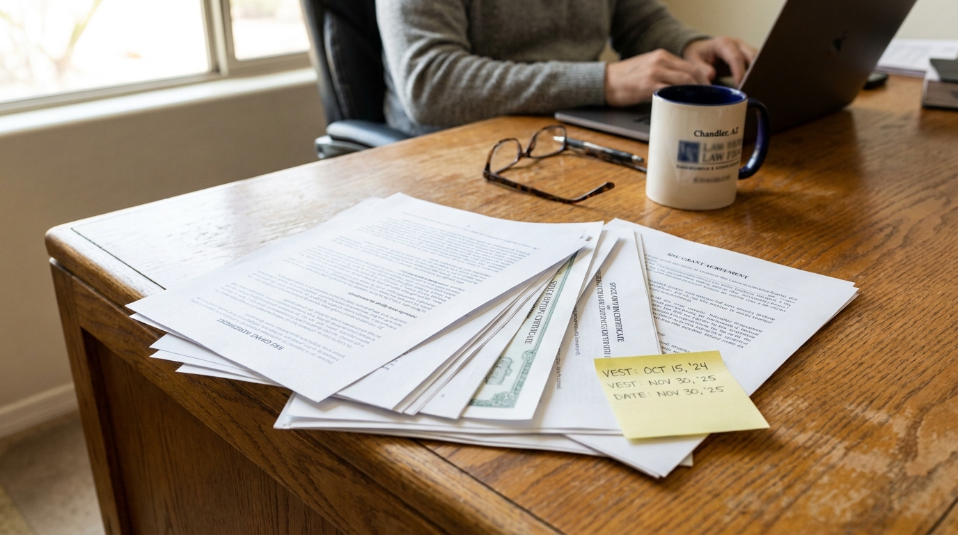 stack of legal documents with sticky note showing vesting dates on wooden desk