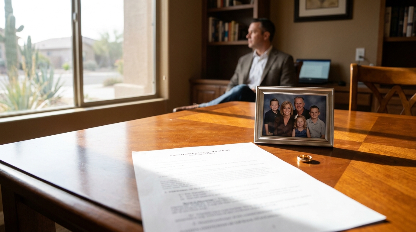legal document, wedding ring, and framed family photo on table with man seated nearby