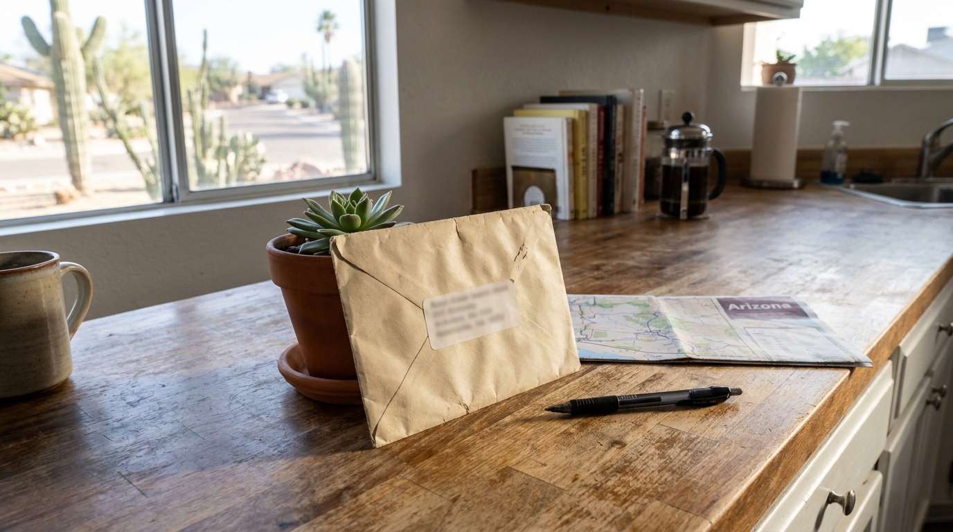 manila envelope with address label resting on kitchen counter beside Arizona map