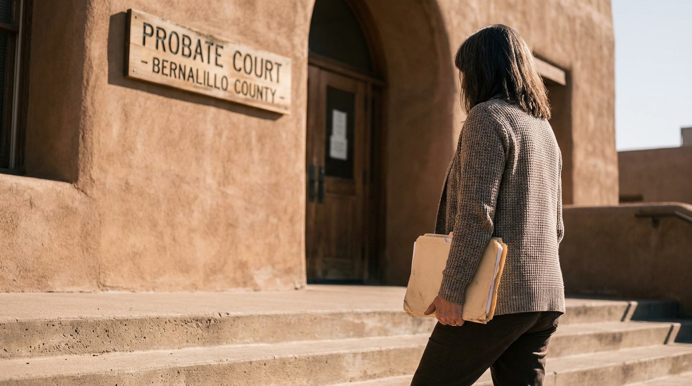person carrying legal documents ascending steps of Bernalillo County Probate Court