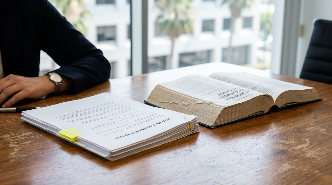 Los Angeles Attorney Reviewing Severance Agreement and Employment Law Guide Severance Agreement and Release document beside open California Employment Law Guide on desk