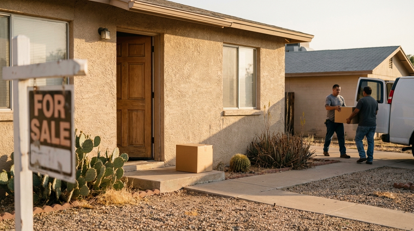 Mesa Arizona Home For Sale Unfunded Trust Asset For Sale sign outside stucco home as two movers carry cardboard box