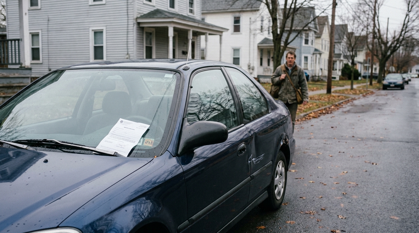 Albany Man Approaching Car With Legal Document on Windshield man approaching parked sedan with official document placed on windshield