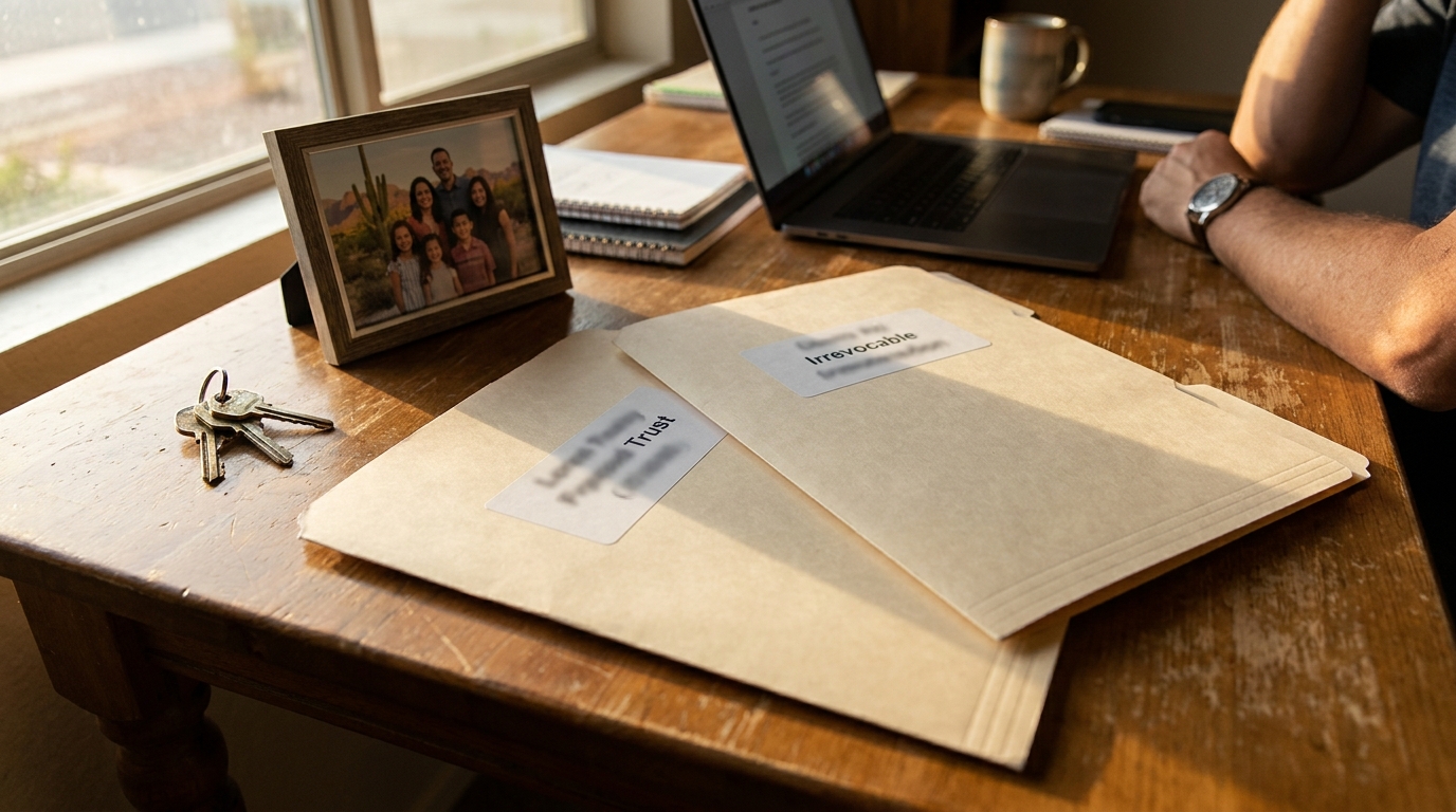 Mesa Family Revocable Irrevocable Trust Planning Documents labeled Trust and Irrevocable legal folders on desk with family photo and keys