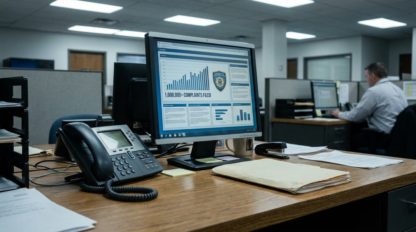 FBI Cyber Crime Complaints 2025 Albany NY Defense Attorney office desk monitor displaying 1,000,000+ complaints filed bar chart with agency badge