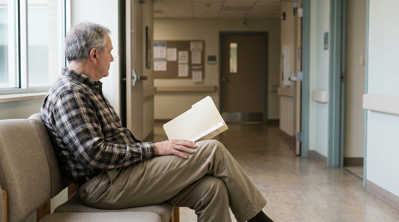 Mesa Man Holding Medical Documents in Hospital Waiting Room older man seated alone in medical facility hallway holding manila folder