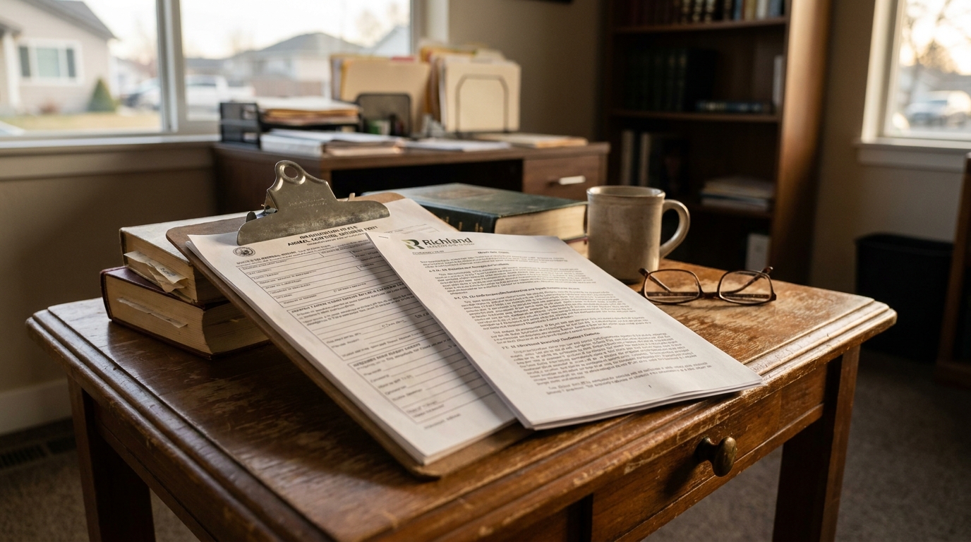 Richland WA Dog Bite Leash Law Legal Documents Desk Richland letterhead legal documents on wooden desk with clipboard and eyeglasses