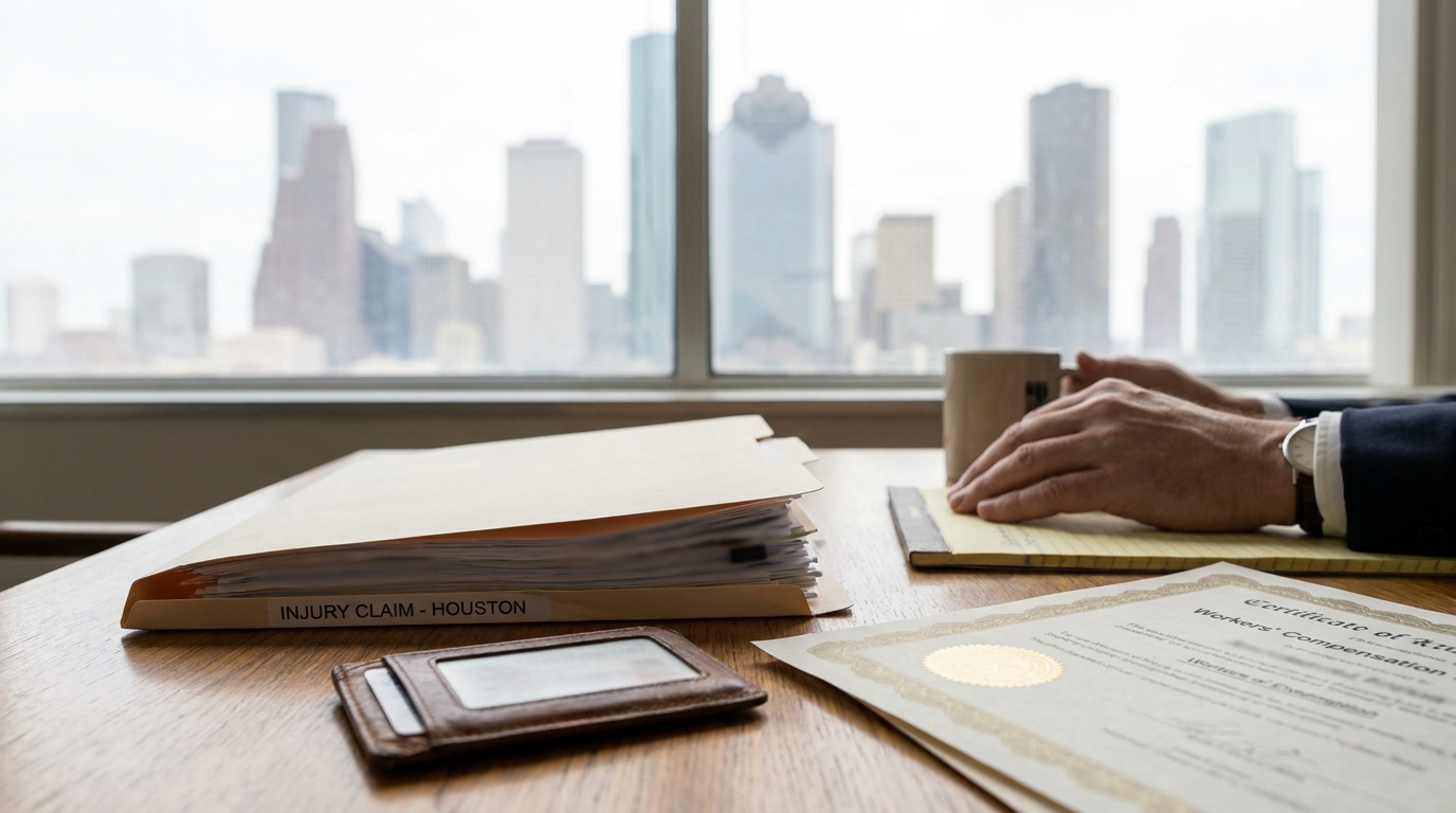 Injury Claim Houston folder and Workers Compensation certificate on attorney desk