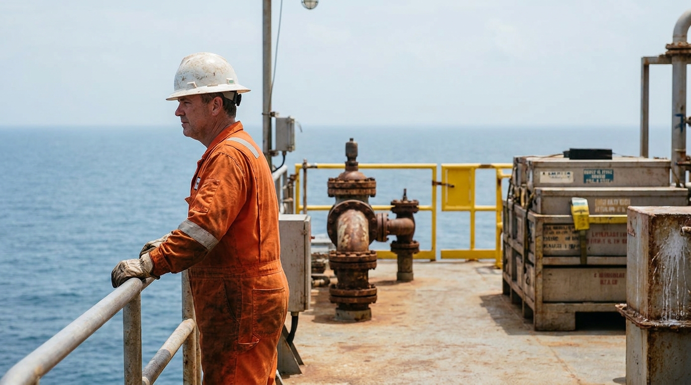 Houston Offshore Oil Worker on Rig Deck Jones Act offshore worker in hard hat and coveralls standing on oil rig deck