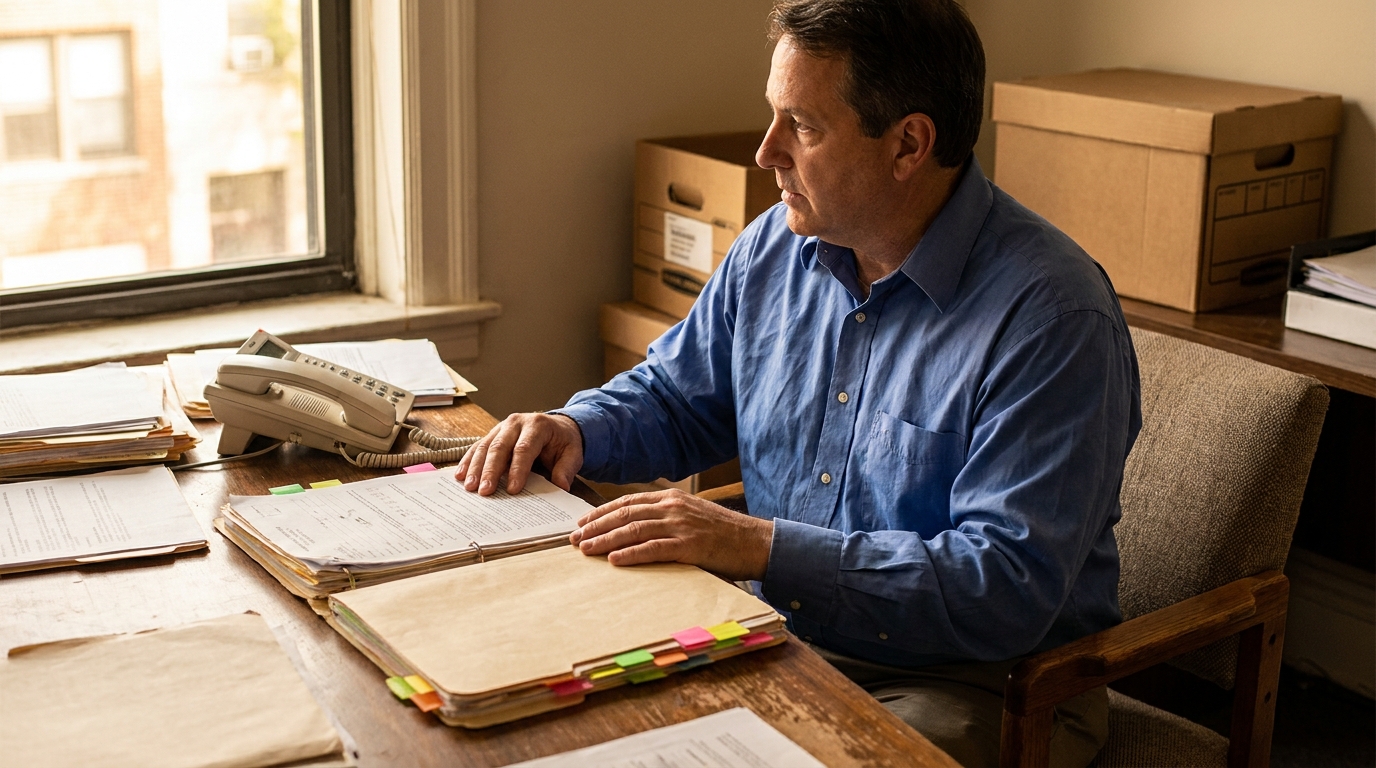 Centennial Attorney Reviewing Denied Uber Insurance Claim Files man reviewing tabbed legal case files at desk with stacked document boxes