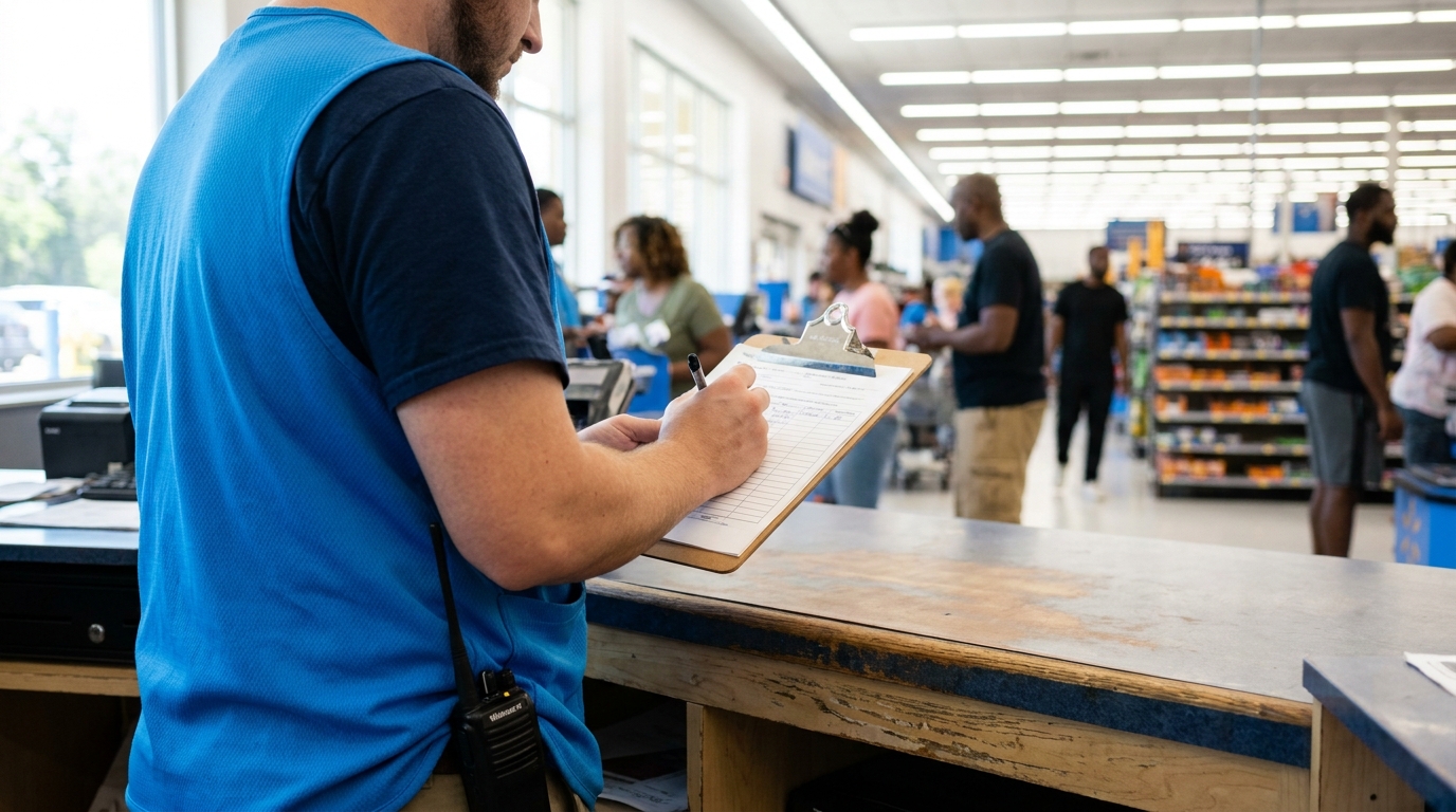Tallahassee Walmart Employee Documenting Store Inspection Report retail store employee writing on clipboard with walkie-talkie at checkout area
