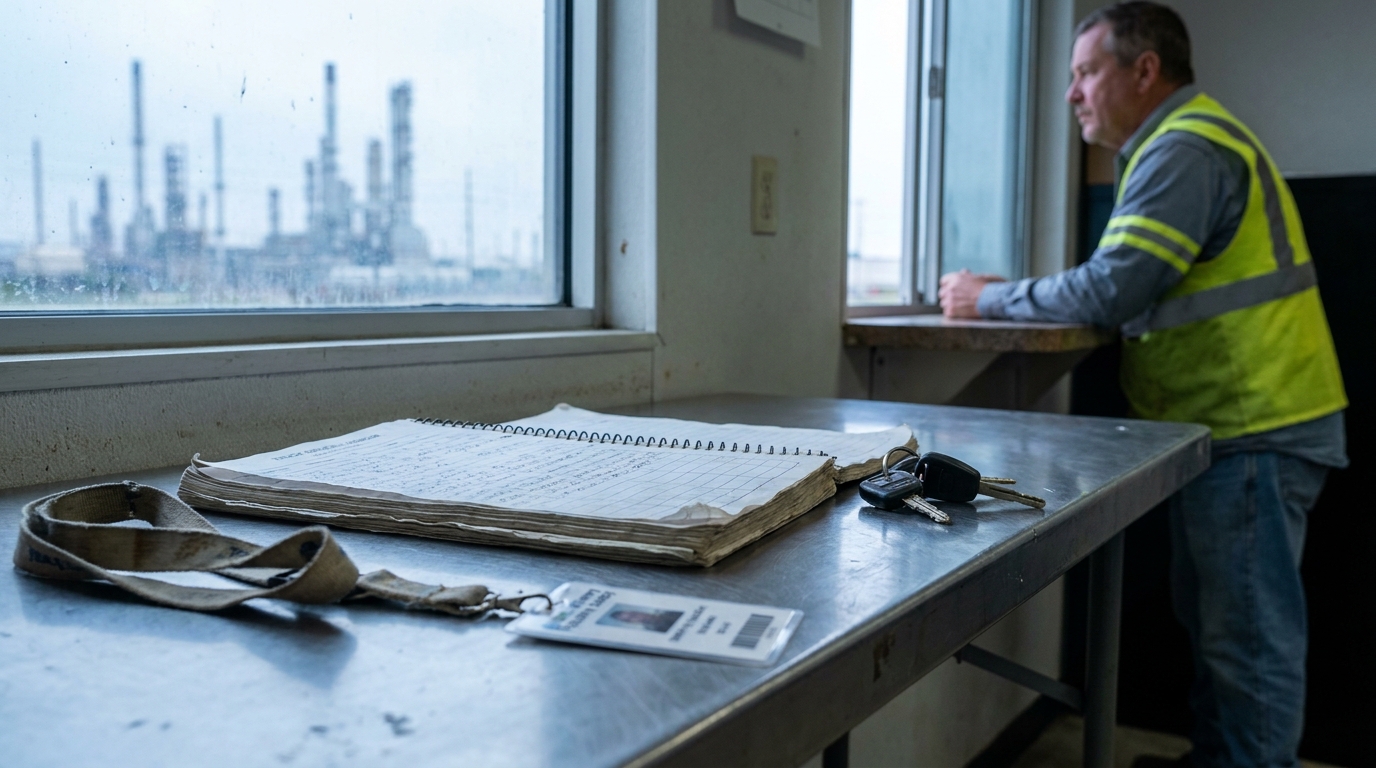 industrial worker in safety vest looking out window at refinery with logbook and ID badge on table