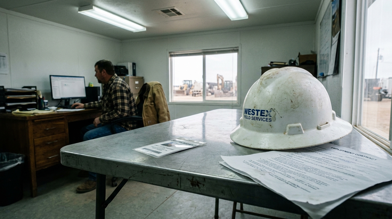 Westex Field Services hard hat resting on table beside employment contract document