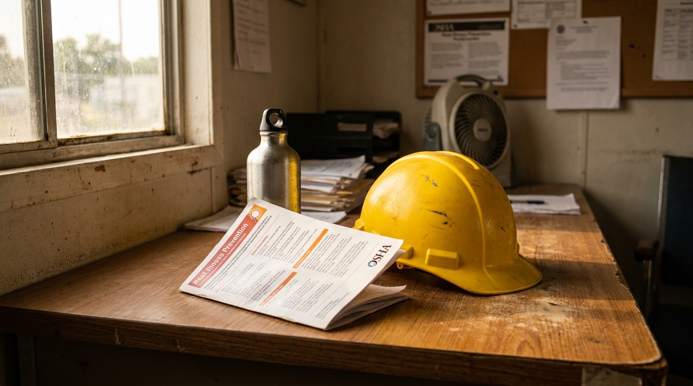 OSHA Heat Illness Prevention pamphlet beside hard hat on worksite desk