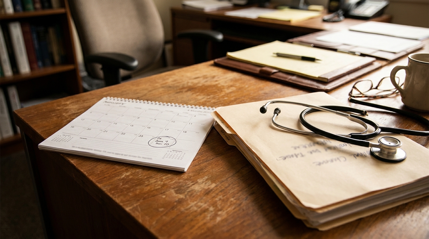 stethoscope resting on medical file folder beside circled calendar on wooden desk