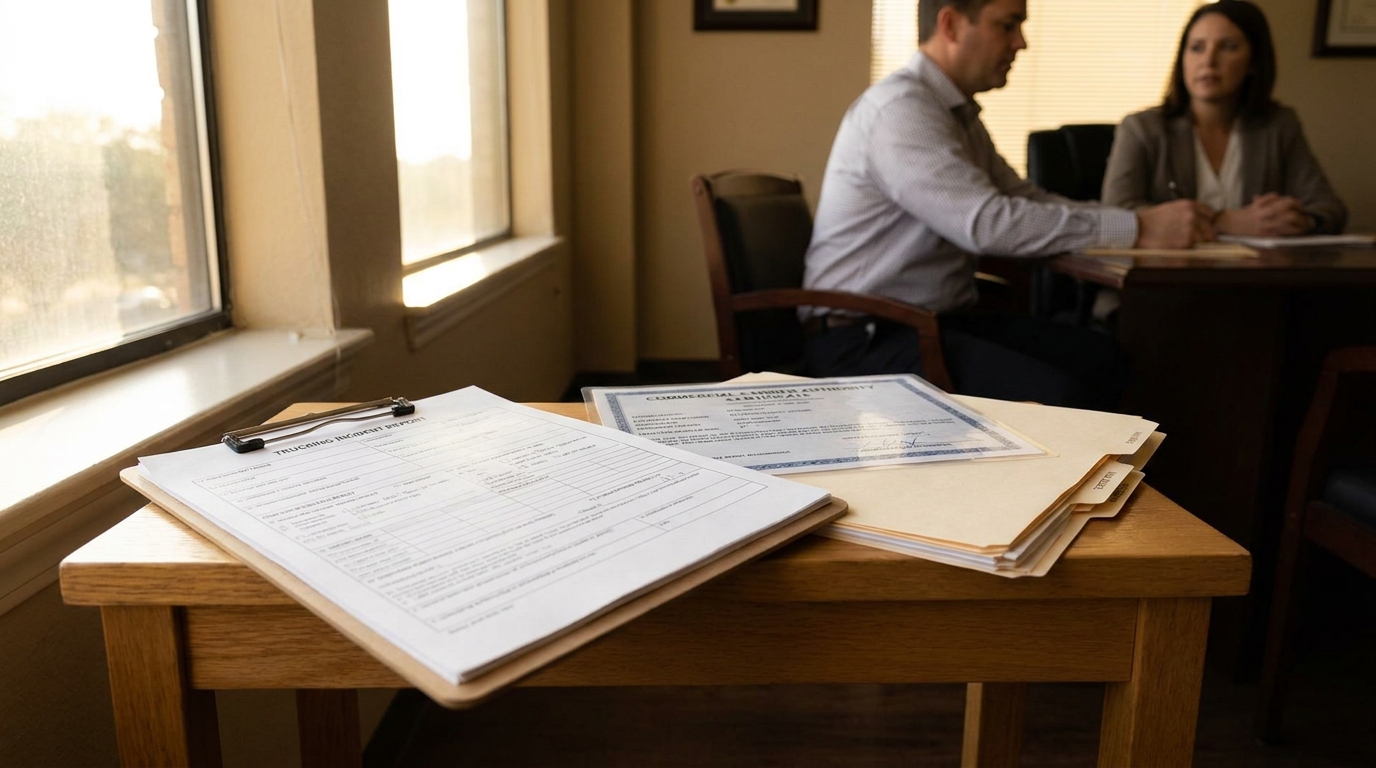 trucking incident report and legal documents on table during attorney client consultation