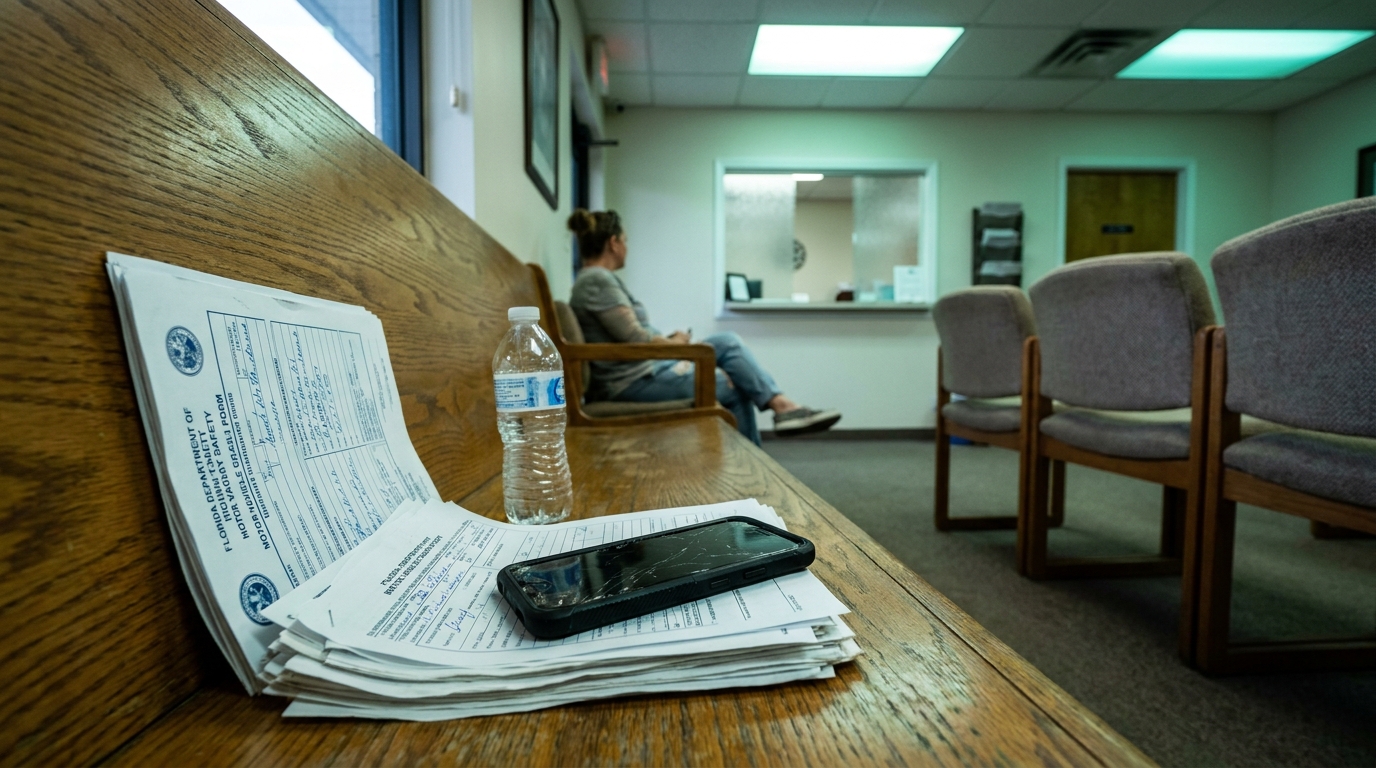 Florida Uninsured Passenger Filing Car Accident Claim Florida Department of Highway Safety forms and cracked phone on waiting room bench