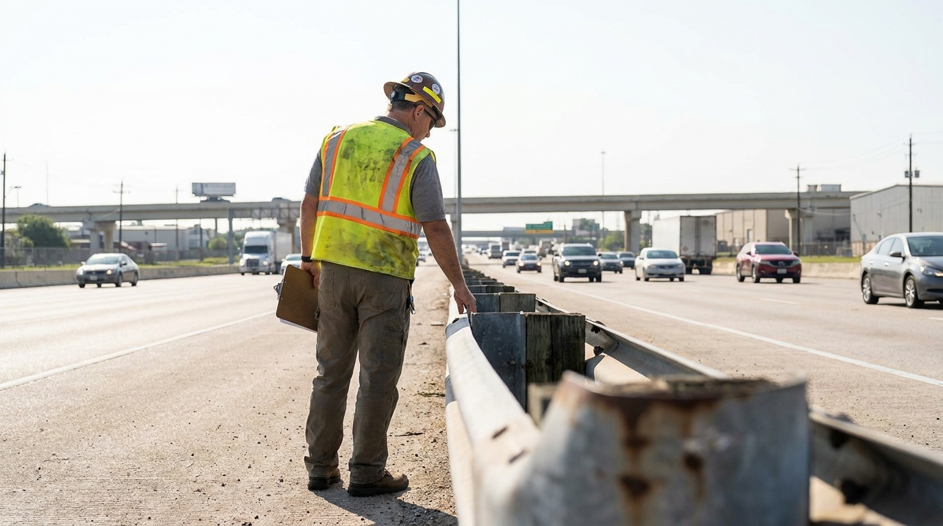 highway worker in safety vest and hard hat inspecting damaged guardrail on busy freeway