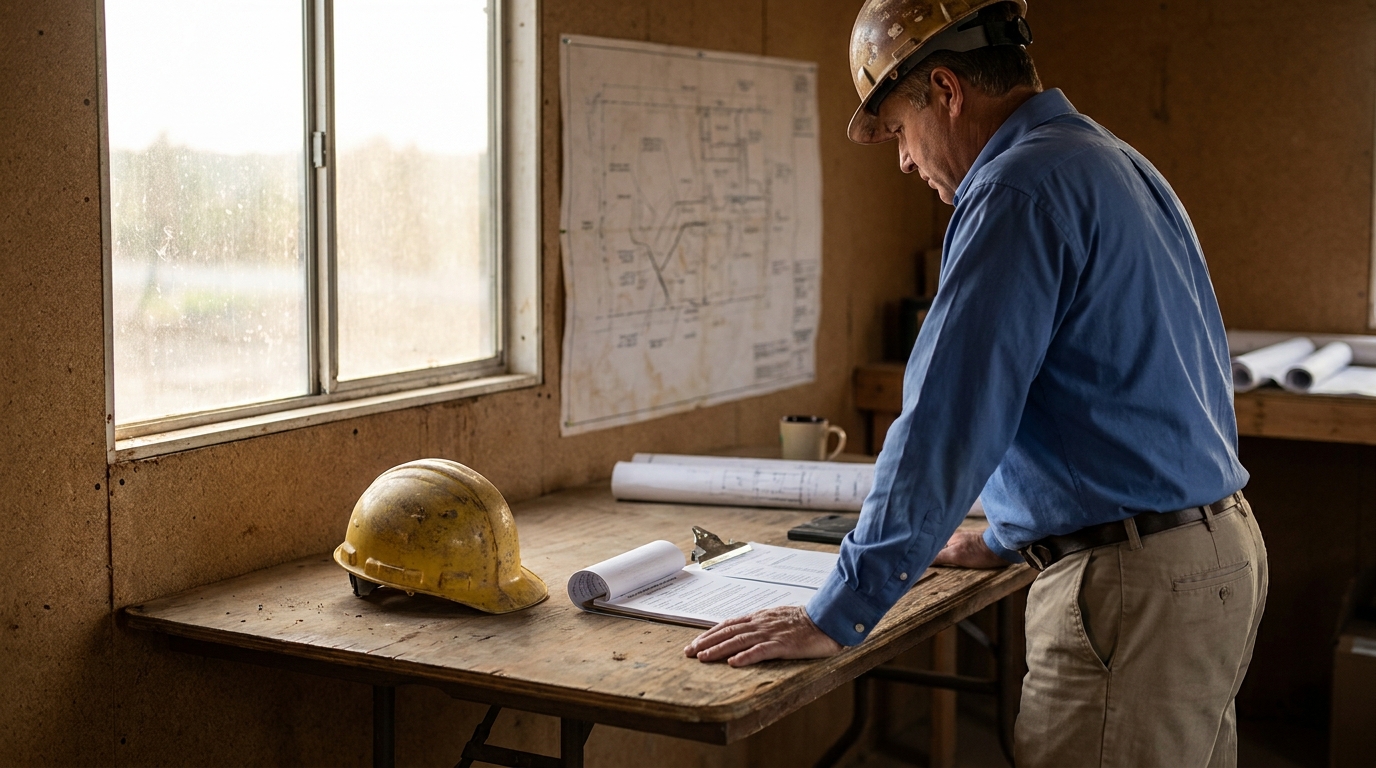 construction worker in hard hat reviewing clipboard documents at job site workbench