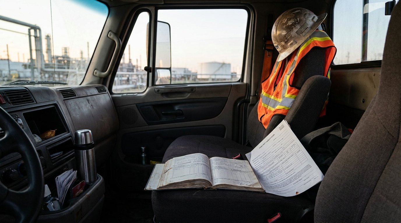 Houston Refinery Truck Driver Injury Claim Documents construction worker hard hat and safety vest beside open logbook inside truck cab