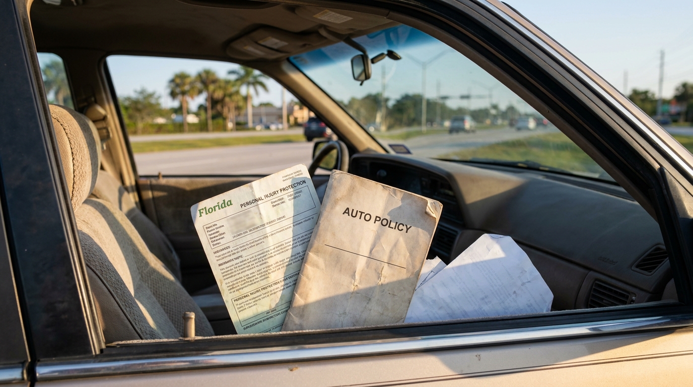 Florida Personal Injury Protection form and Auto Policy document on car seat