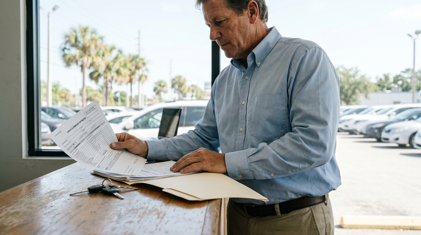 Man Reviewing Car Damage Estimate Fort Lauderdale Insurance Claim man reviewing vehicle damage estimate form at dealership counter with car keys