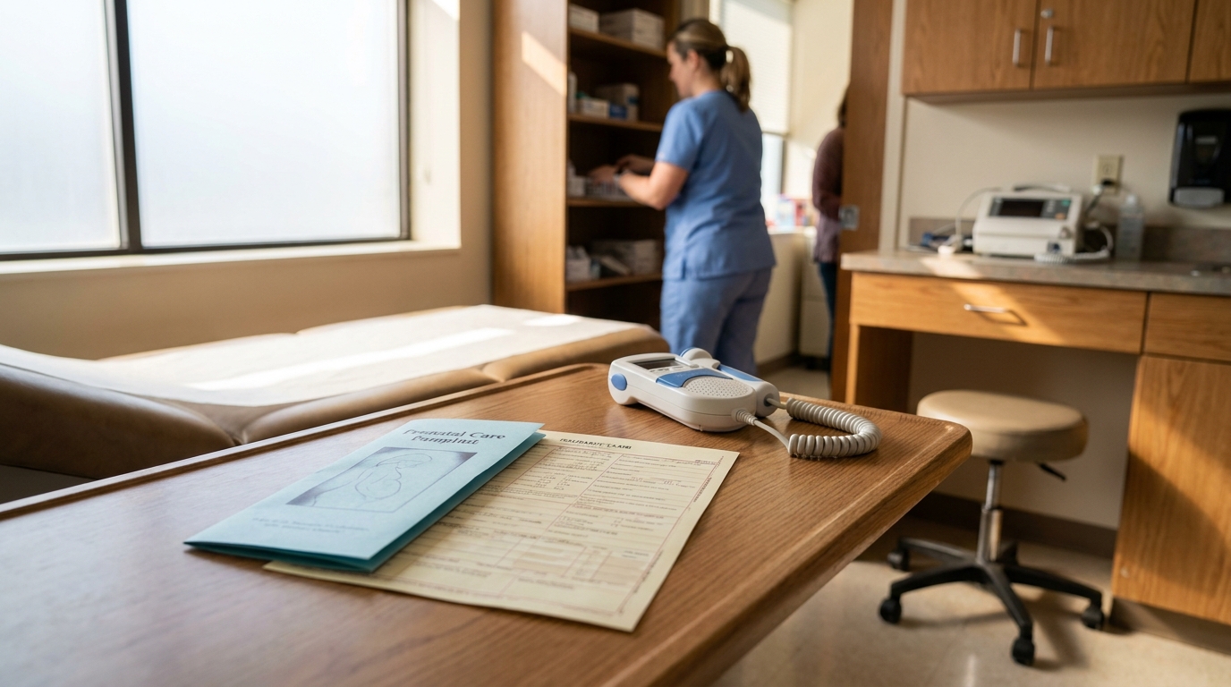 Indianapolis Prenatal Care Exam Room After Pregnancy Car Accident prenatal care pamphlet and medical form on exam table with nurse in background