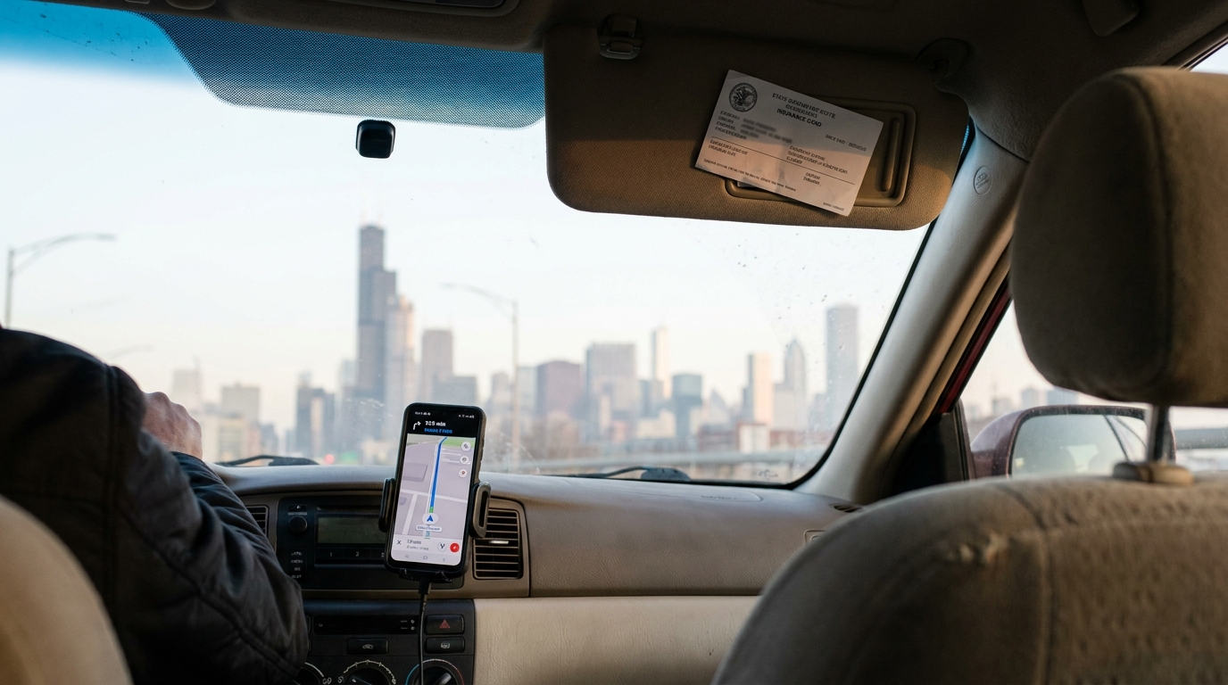 Chicago Rideshare Driver Navigating City With GPS rideshare driver navigating city with mounted phone GPS and insurance card on visor