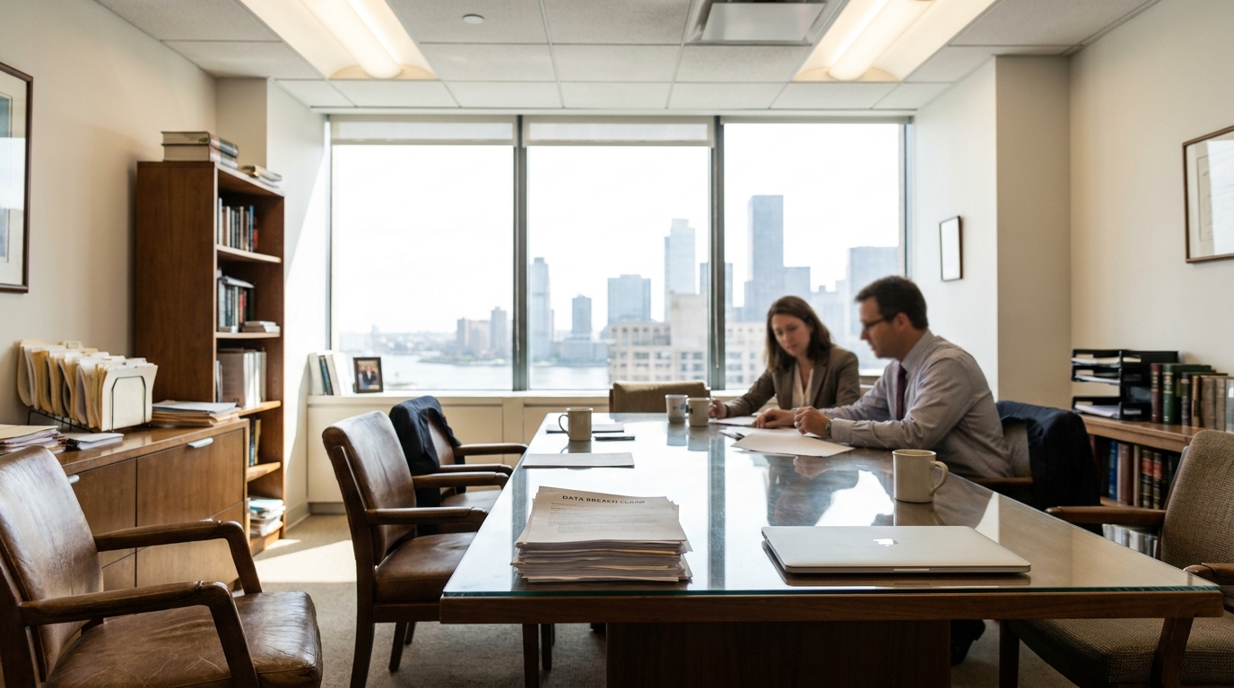 two attorneys reviewing data breach claim documents at conference table in law office
