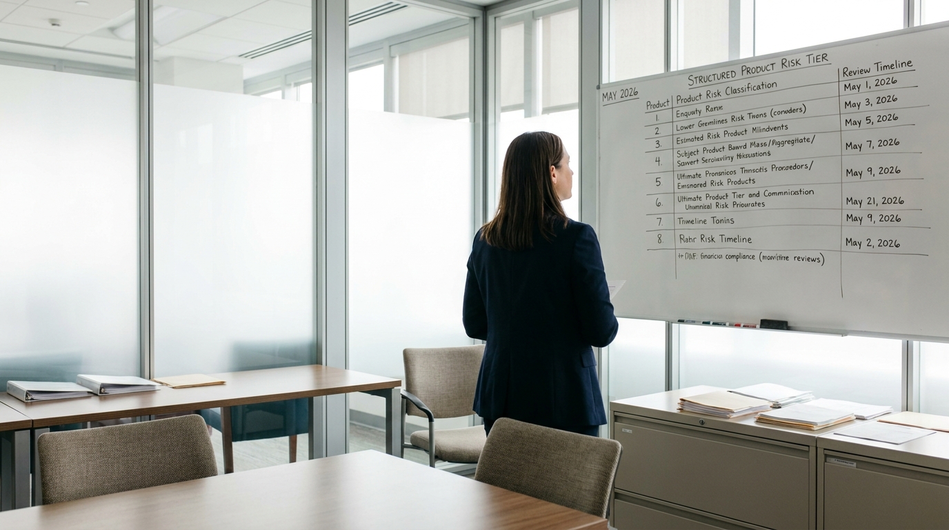 attorney reviewing Structured Product Risk Tier whiteboard chart in conference room