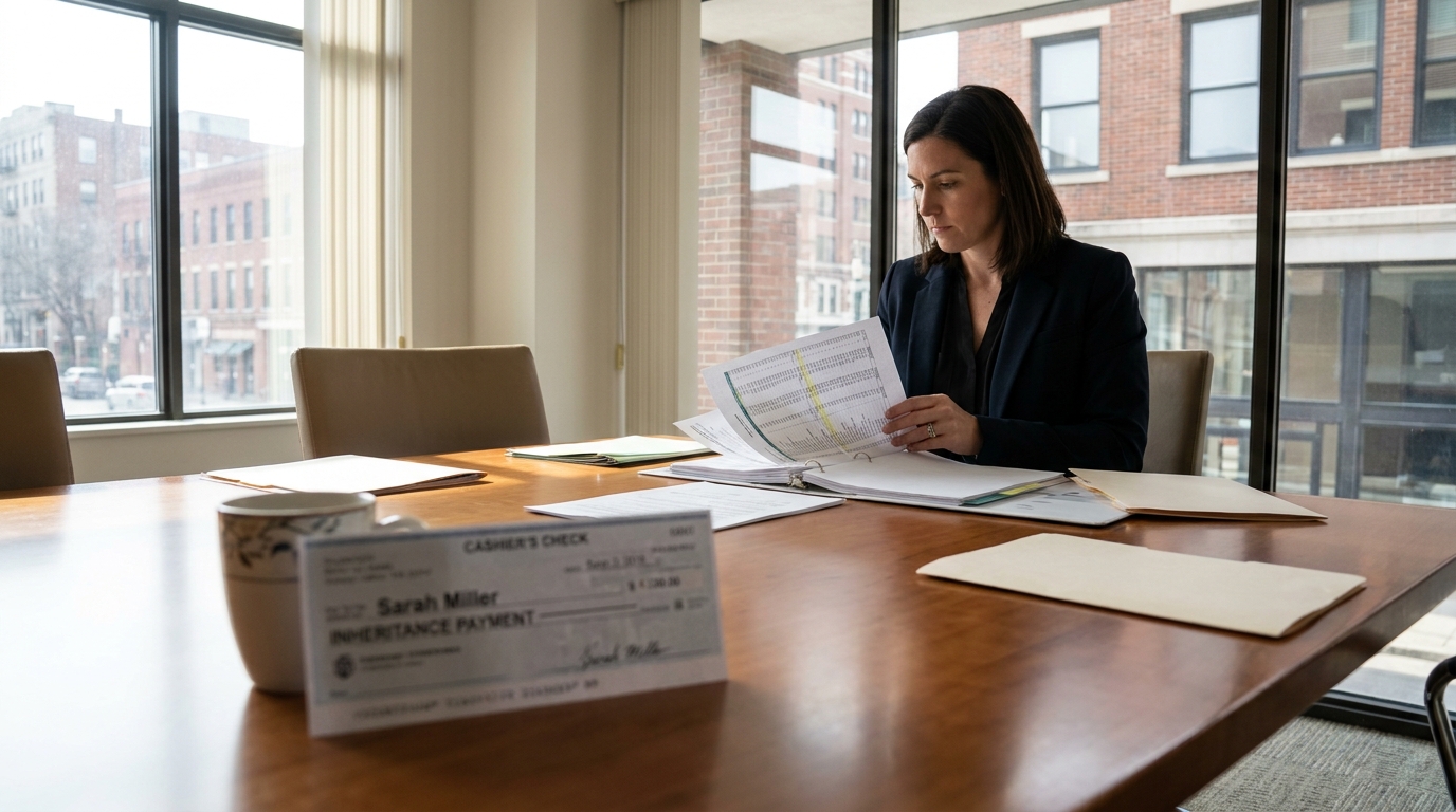 New York Attorney Reviewing Inheritance Documents Divorce Case attorney reviewing binder documents beside cashier's check labeled inheritance payment