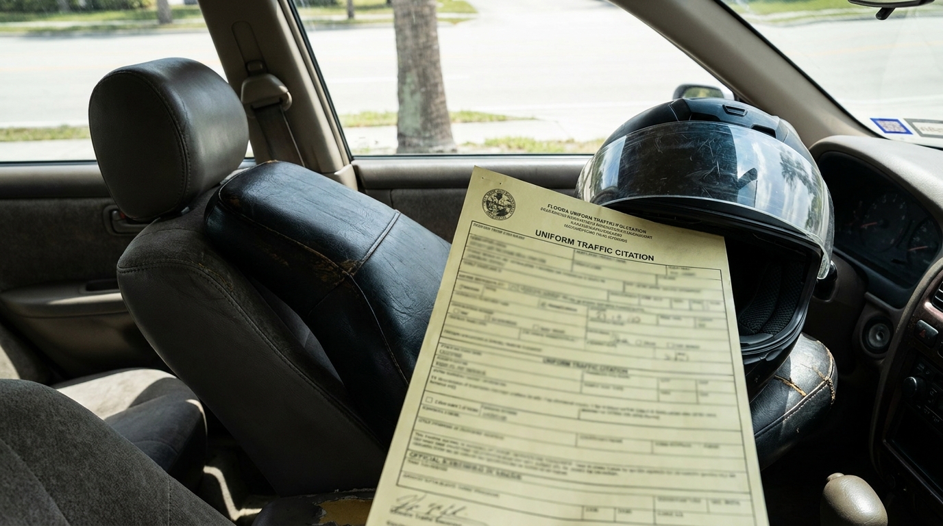 Florida Uniform Traffic Citation Motorcycle Helmet Fort Lauderdale Florida Uniform Traffic Citation document resting on car seat beside motorcycle helmet