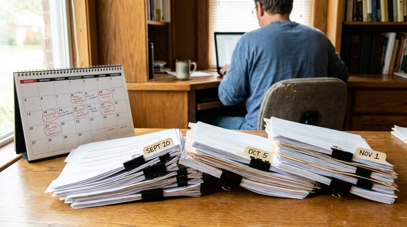 Houston Homeowner Overwhelmed by Repeated Insurance Document Requests stacked legal documents labeled Sept 20, Oct 5, Nov 1 beside desk calendar with circled deadlines