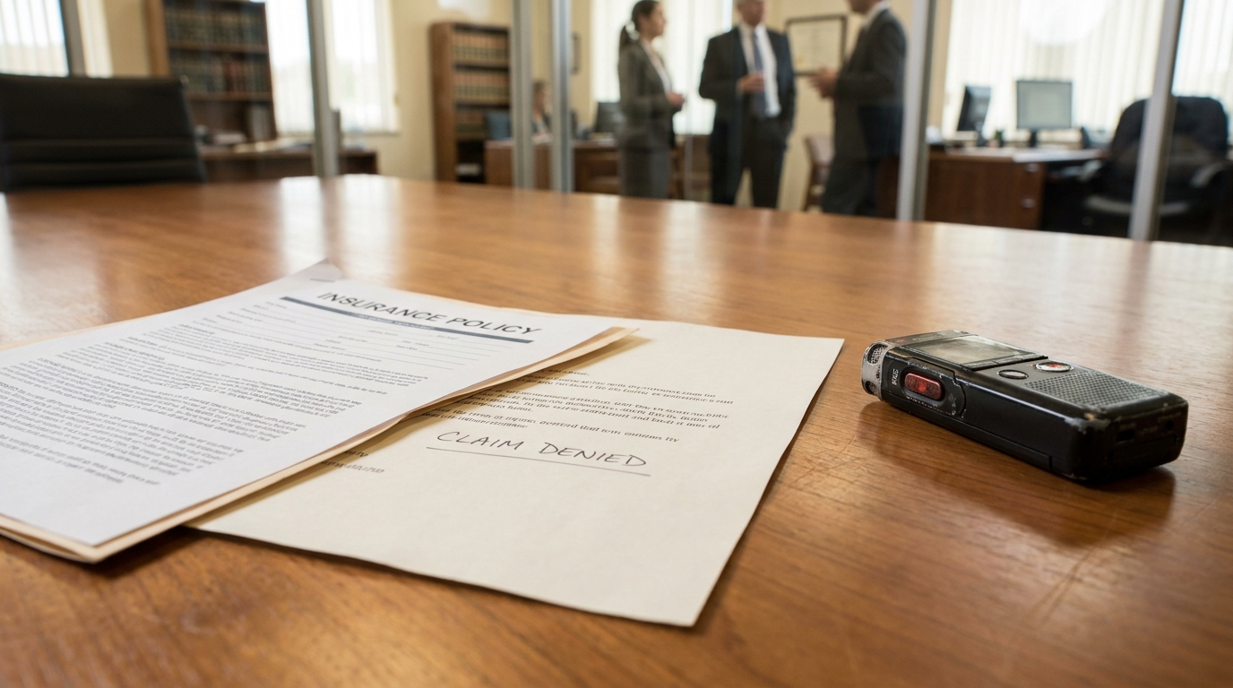 Houston Bad Faith Insurance Claim Denied Policy Attorney Insurance policy document stamped Claim Denied on law office conference table