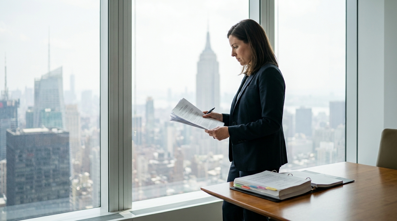 female attorney reviewing legal documents standing beside high-rise office window overlooking city skyline