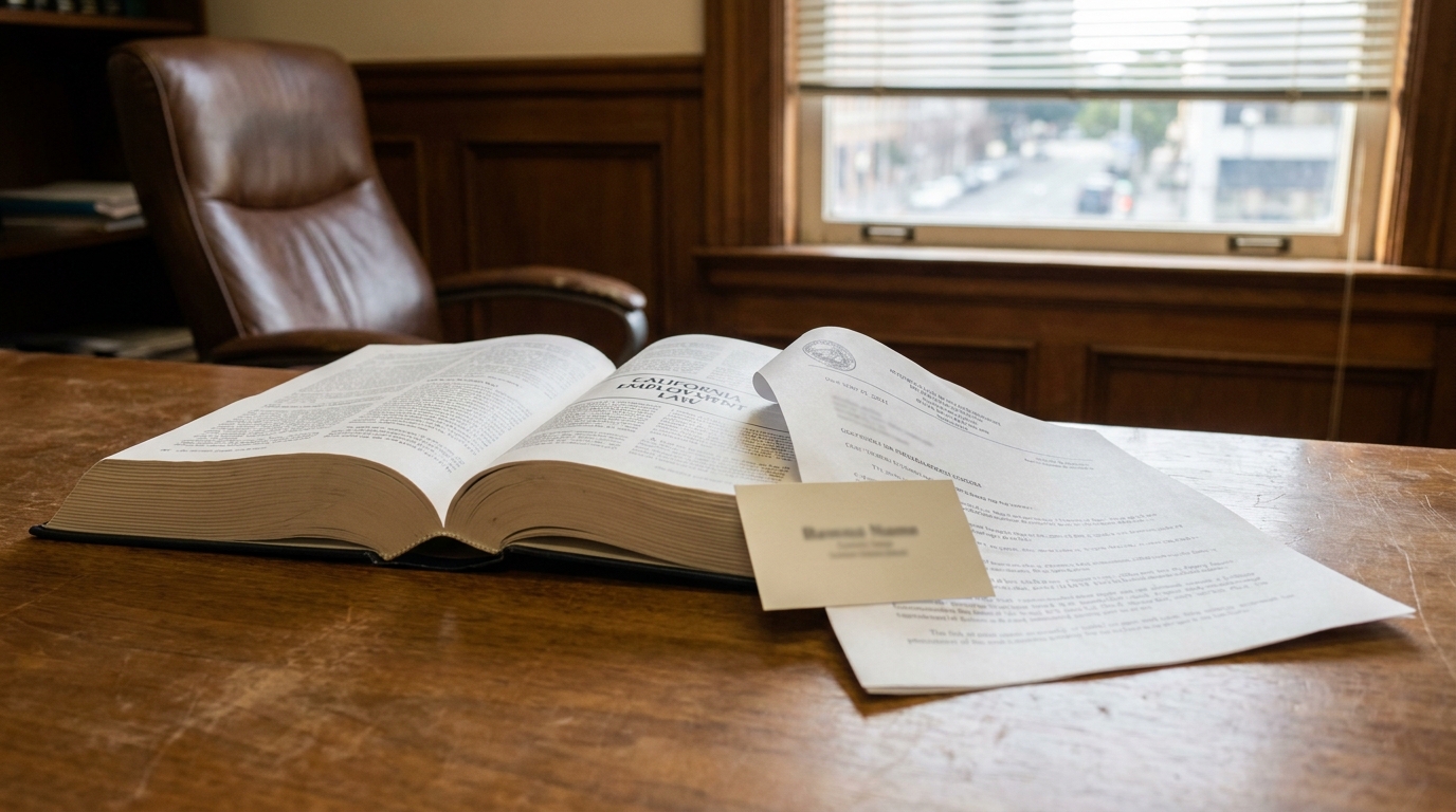 California Employment Law Book Manager Personal Liability Redondo Beach open California Employment Law book with legal documents and business card on attorney desk