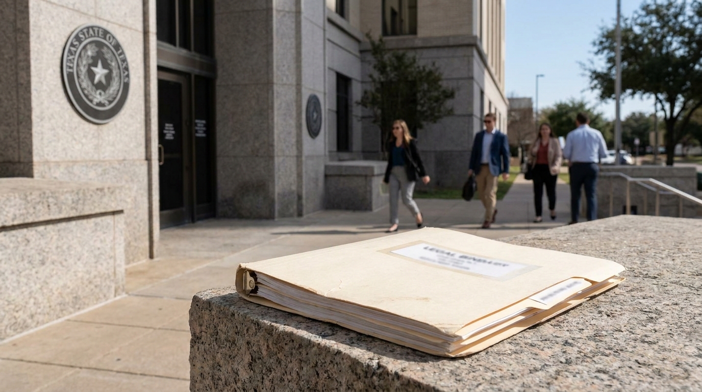 San Antonio Texas Wrongful Death Legal Case Files Courthouse legal binder resting on granite ledge outside Texas State courthouse entrance