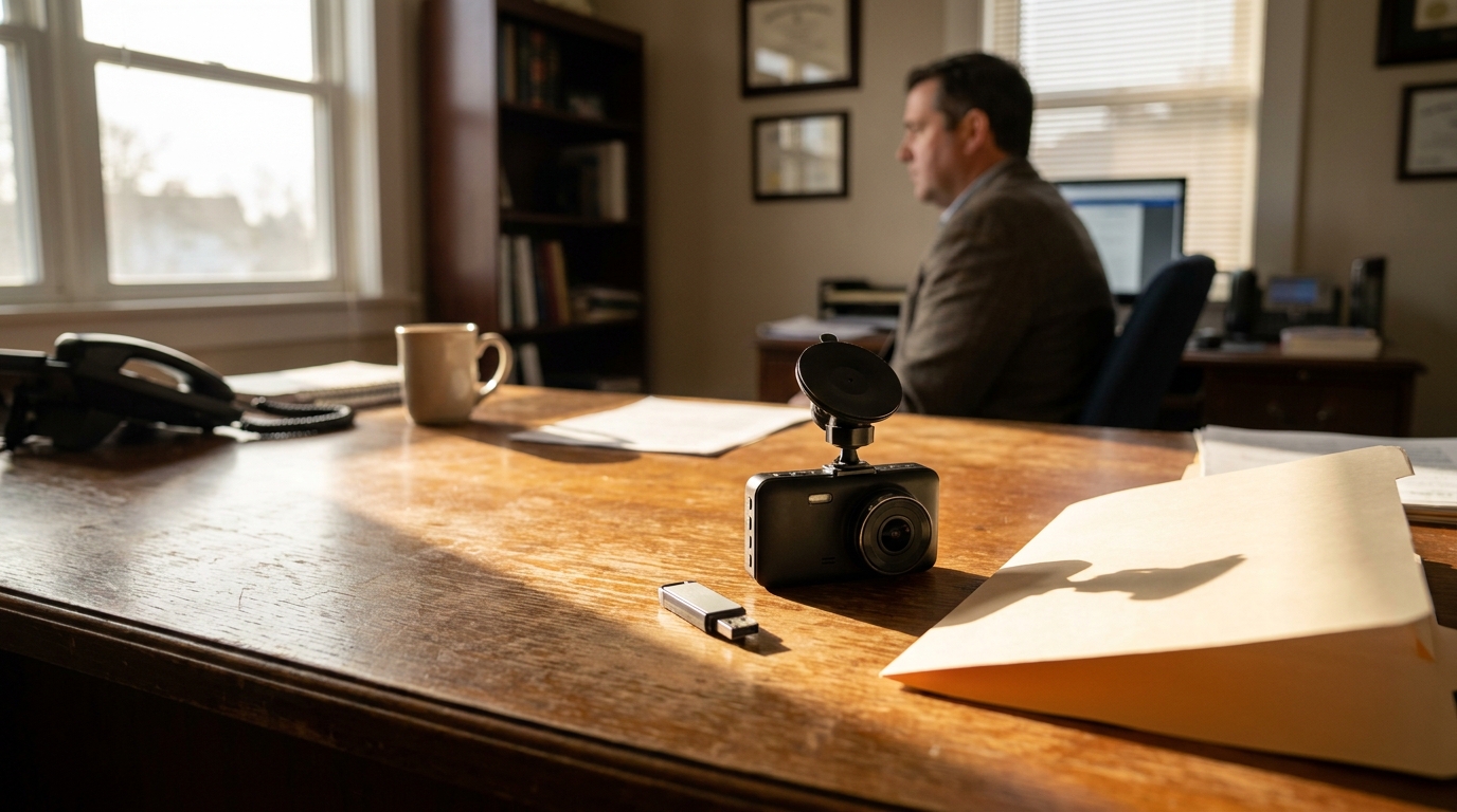 Dashcam Evidence on Illinois Car Accident Attorney Desk dash camera and USB drive on law office desk with attorney in background