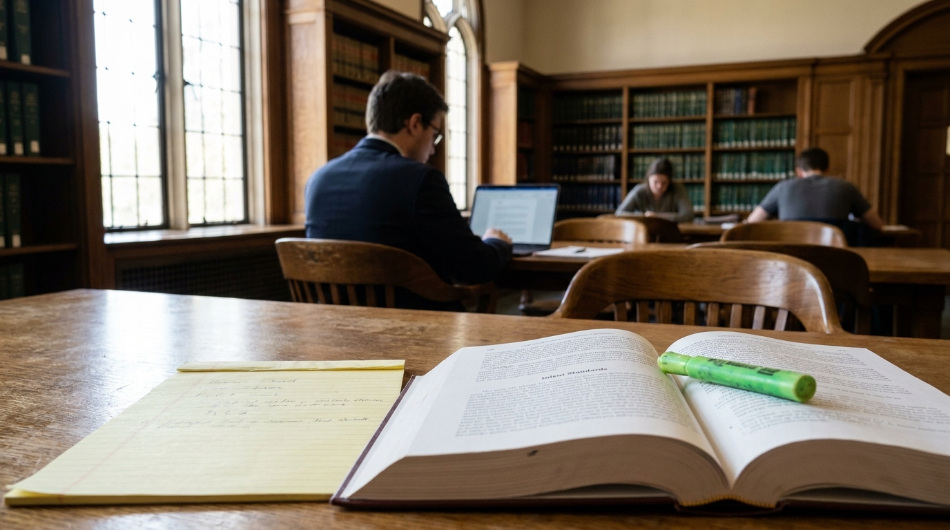 Newton Square Securities Fraud Lawyer Researching PSLRA Scienter Standard open legal textbook with highlighter and handwritten notes in law library