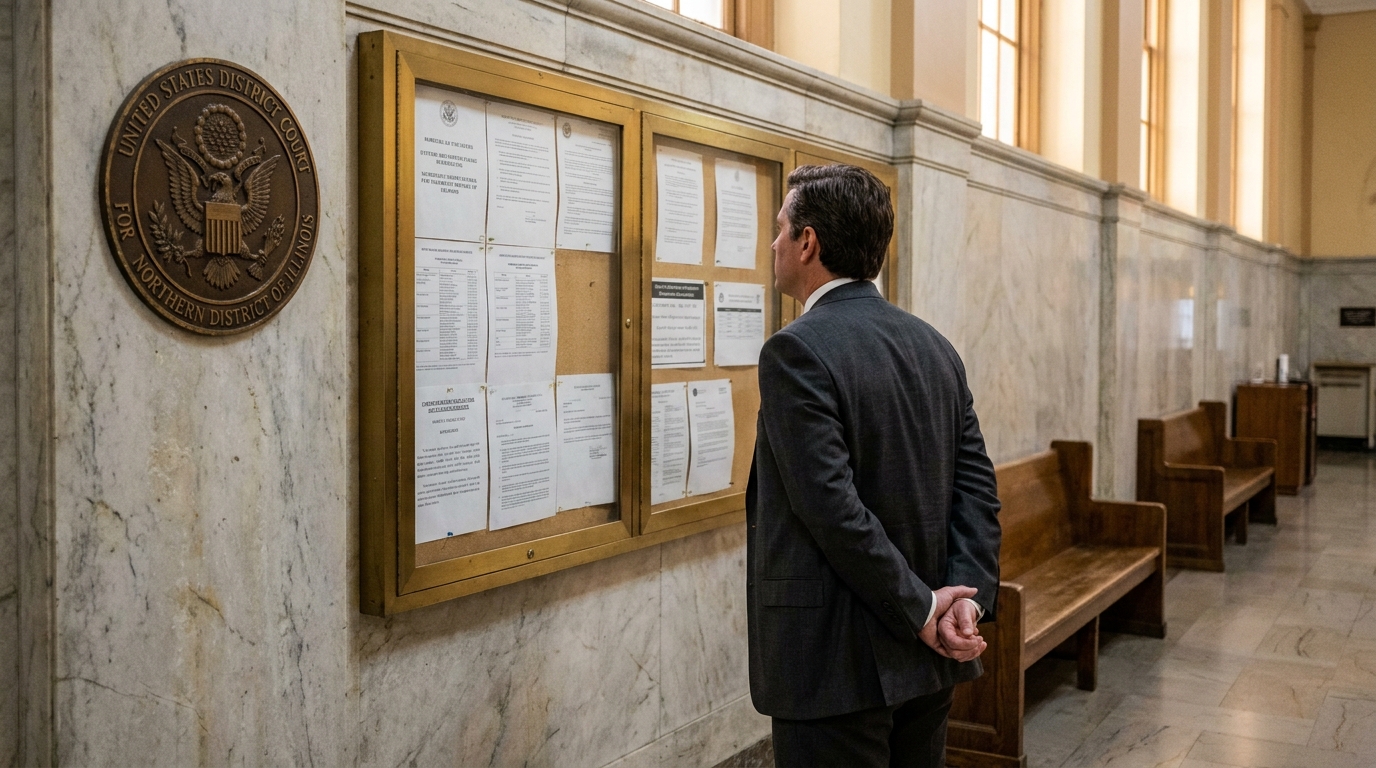 attorney reviewing posted legal documents beside United States District Court Northern District of Illinois seal
