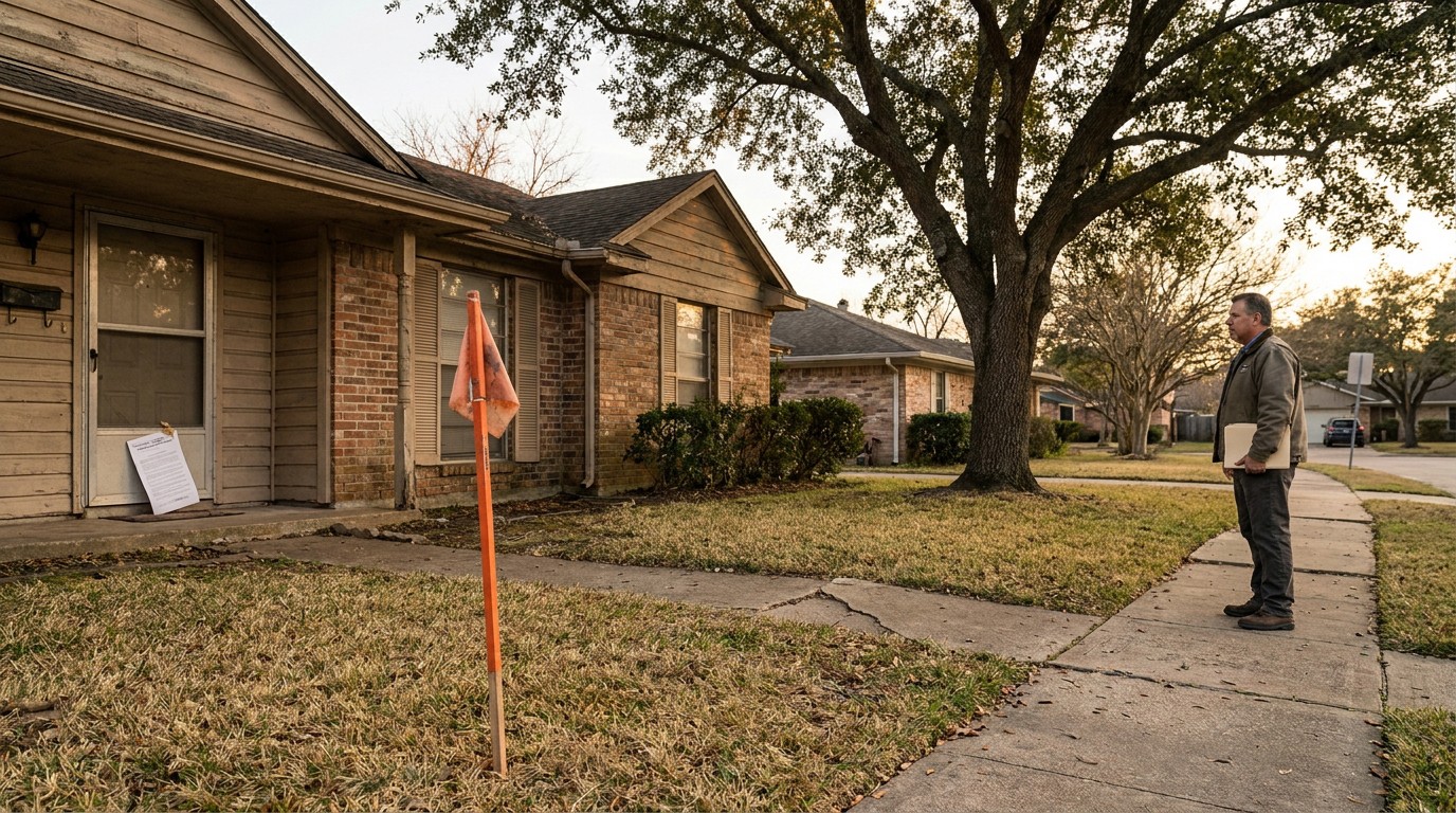 Houston Engineer Inspecting Storm Damaged Home Claim Denial man holding documents standing on sidewalk inspecting residential property with utility flag