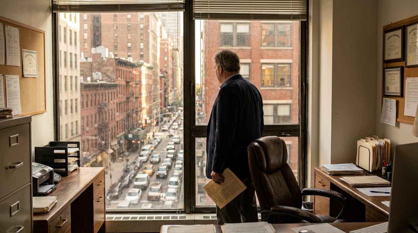 attorney holding documents standing at office window overlooking city street
